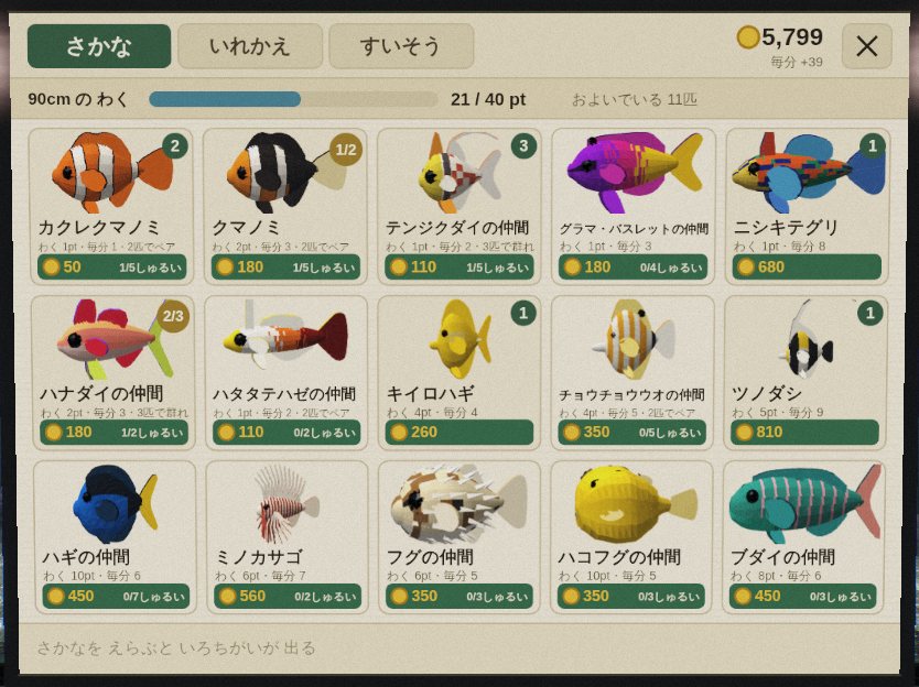 購入画面。札ごとに毎分コインが違う